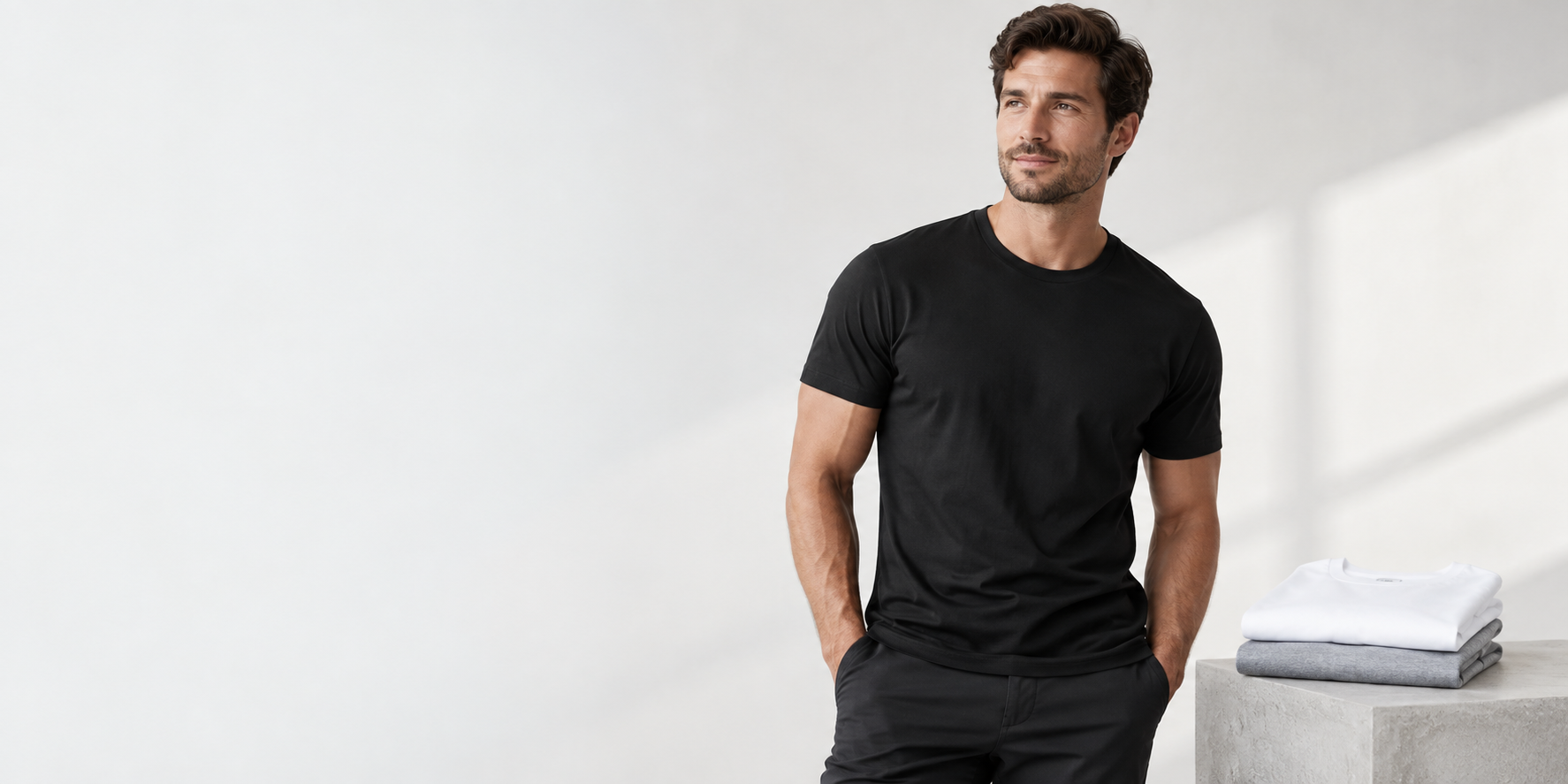 Male model wearing a premium black cotton T-shirt beside folded white and gray shirts